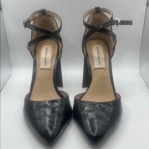 ANTONIO MELANI Black Croc-Embossed Pointed Toe Ankle-Strap Heels